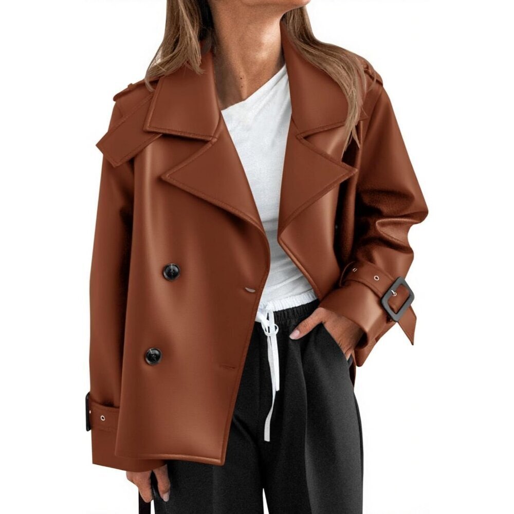 🆕Women's Chic Brown Leather Trench Coat with Belted Sleeves & Stylish Fit